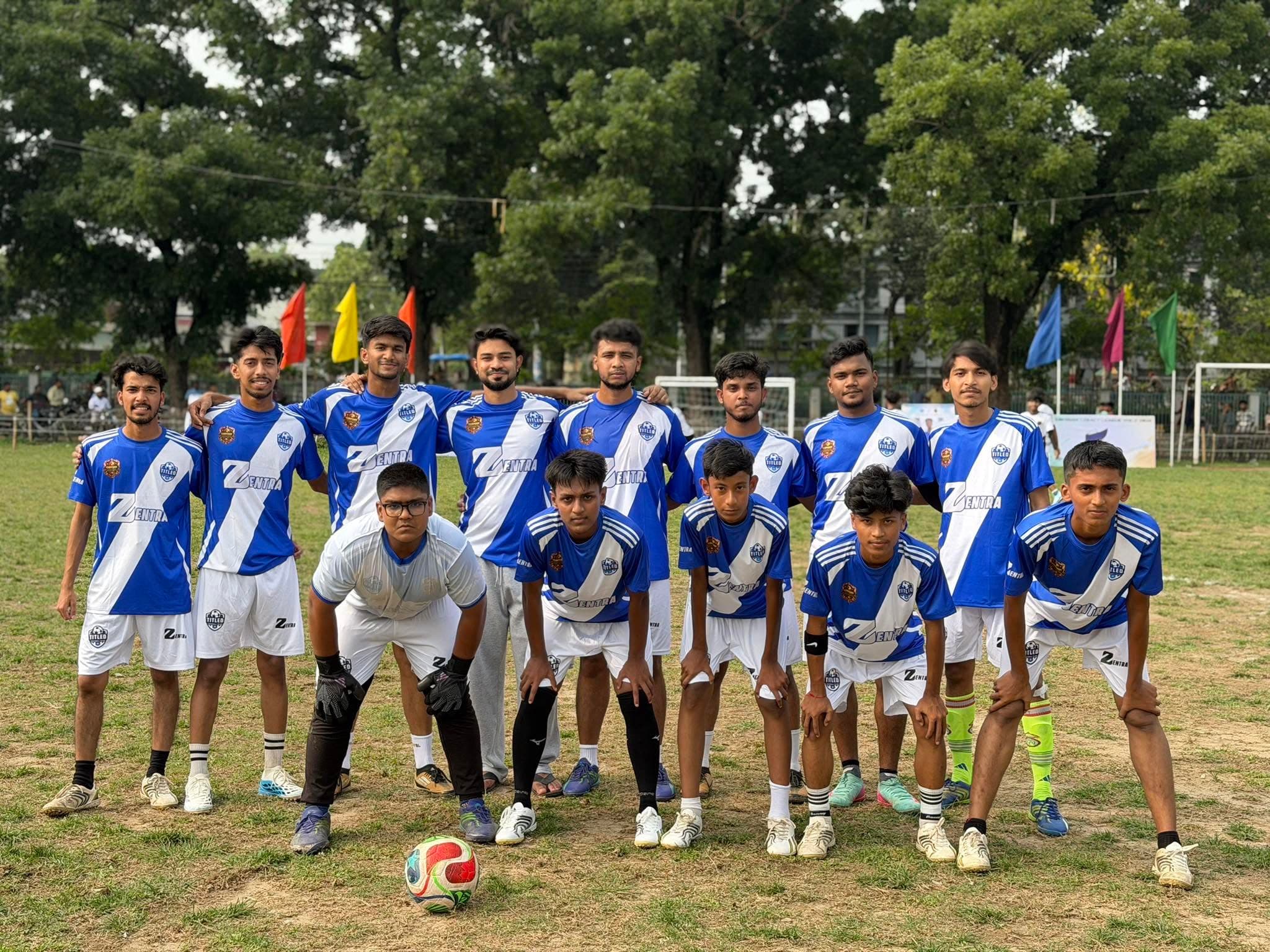 Titled FC squad wearing blue-and-white tournament jerseys produced by Zentra at TGBHSian Legacy League Vol. 2