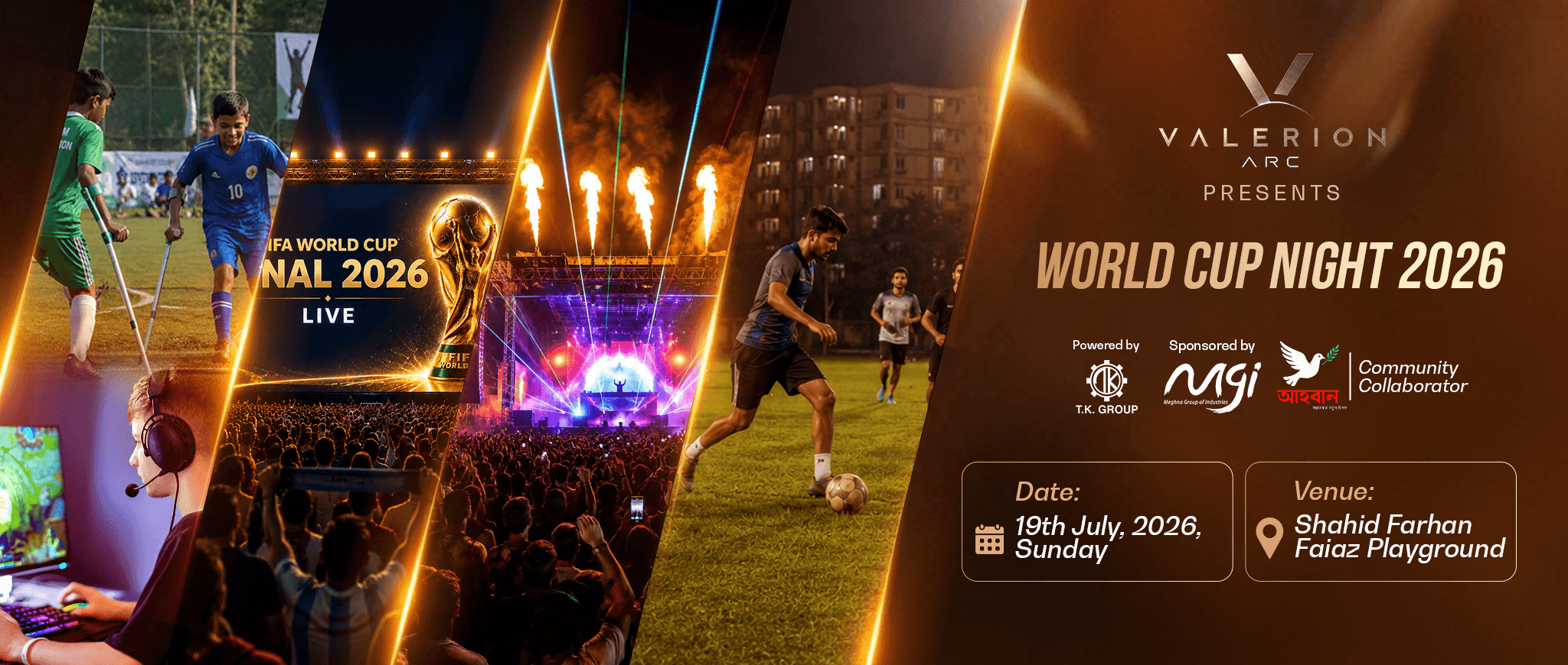 Valerion Arc World Cup Night 2026 banner featuring inclusive football, futsal, esports, live music and the World Cup final screening